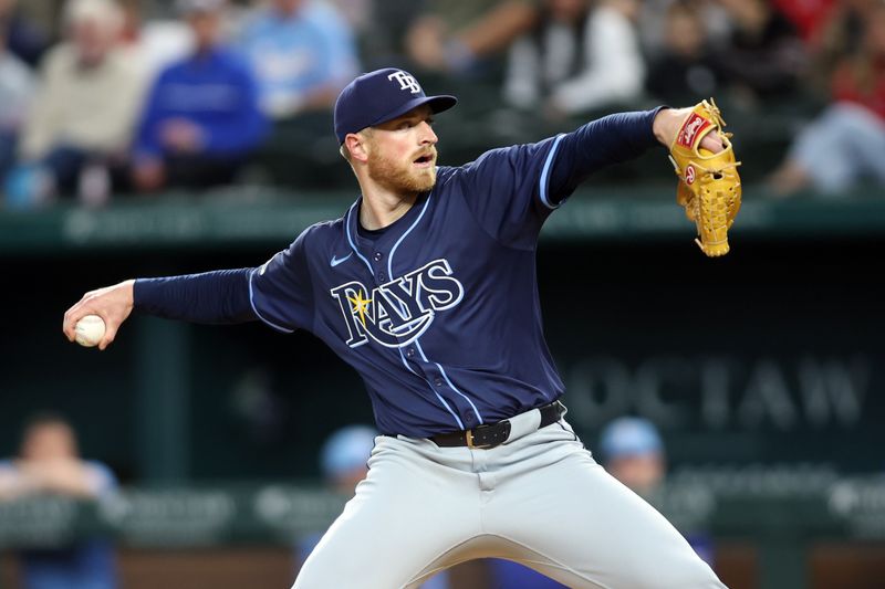 Apr 6, 2025; Arlington, Texas, USA; Tampa Bay Rays pitcher Drew Rasmussen (57) throws a pitch during the first inning against the Texas Rangers at Globe Life Field. Mandatory Credit: Tim Heitman-Imagn Images