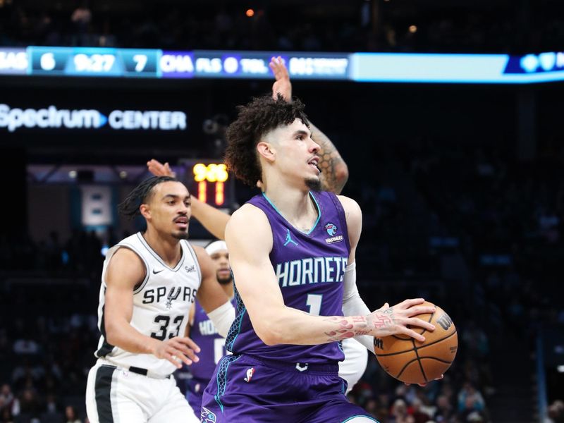 CHARLOTTE, NC - JANUARY 19: LaMelo Ball #1 of the Charlotte Hornets drives to the basket during the game against the San Antonio Spurs on January 19, 2024 at Spectrum Center in Charlotte, North Carolina. NOTE TO USER: User expressly acknowledges and agrees that, by downloading and or using this photograph, User is consenting to the terms and conditions of the Getty Images License Agreement.  Mandatory Copyright Notice:  Copyright 2024 NBAE (Photo by Brock Williams-Smith/NBAE via Getty Images)