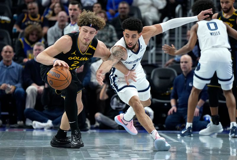 SAN FRANCISCO, CALIFORNIA - NOVEMBER 15: Brandin Podziemski #2 of the Golden State Warriors dribbling the ball is guarded by Scotty Pippen Jr. #1 of the Memphis Grizzlies in the third quarter during the Emirates NBA Cup game at Chase Center on November 15, 2024 in San Francisco, California. NOTE TO USER: User expressly acknowledges and agrees that, by downloading and or using this photograph, User is consenting to the terms and conditions of the Getty Images License Agreement. (Photo by Thearon W. Henderson/Getty Images)