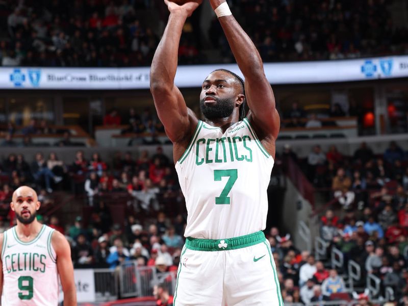 CHICAGO, IL - NOVEMBER 29: Jaylen Brown #7 of the Boston Celtics shoots a free throw during the game against the Chicago Bulls during the Emirates NBA Cup game on November 29, 2024 at United Center in Chicago, Illinois. NOTE TO USER: User expressly acknowledges and agrees that, by downloading and or using this photograph, User is consenting to the terms and conditions of the Getty Images License Agreement. Mandatory Copyright Notice: Copyright 2024 NBAE (Photo by Jeff Haynes/NBAE via Getty Images)