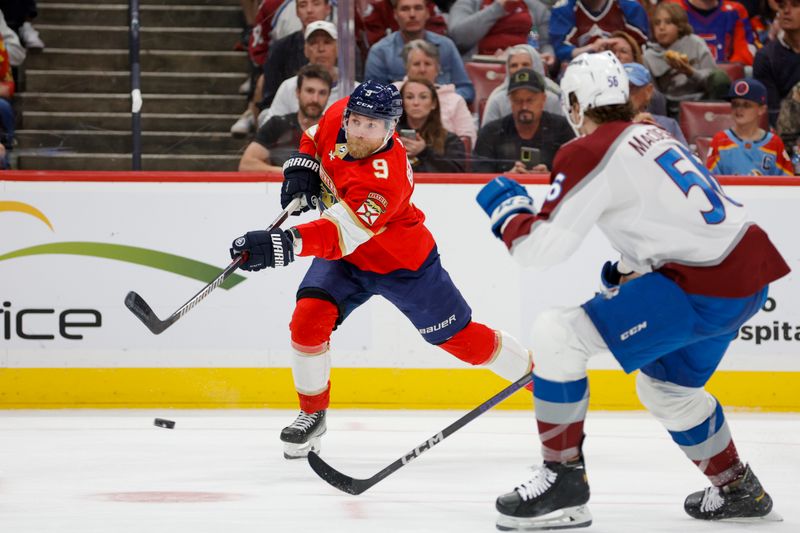 Feb 11, 2023; Sunrise, Florida, USA; Florida Panthers center Sam Bennett (9) shot the puck and scores during the second period against the Colorado Avalanche at FLA Live Arena. Mandatory Credit: Sam Navarro-USA TODAY Sports