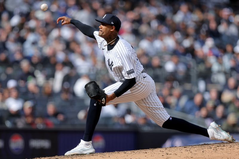 Apr 5, 2024; Bronx, New York, USA; New York Yankees relief pitcher Dennis Santana (53) pitches against the Toronto Blue Jays during the ninth inning at Yankee Stadium. Mandatory Credit: Brad Penner-USA TODAY Sports