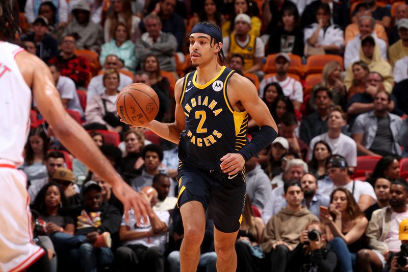 MIAMI, FL - FEBRUARY 8: Andrew Nembhard #2 of the Indiana Pacers handles the ball during the game against the Miami Heat on February 8, 2023 at Miami-Dade Arena in Miami, Florida. NOTE TO USER: User expressly acknowledges and agrees that, by downloading and or using this Photograph, user is consenting to the terms and conditions of the Getty Images License Agreement. Mandatory Copyright Notice: Copyright 2023 NBAE (Photo by Issac Baldizon/NBAE via Getty Images)