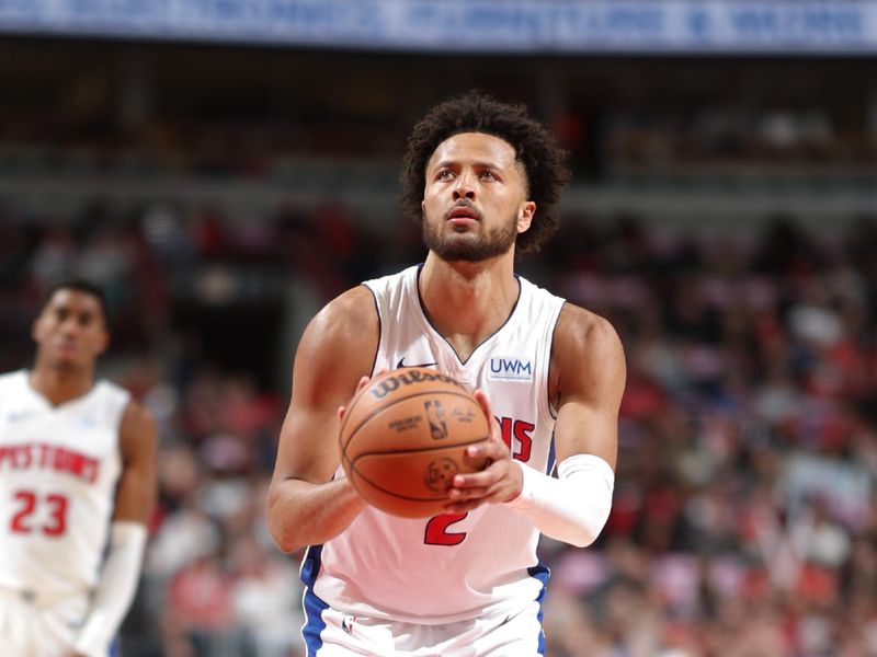 CHICAGO, IL -FEBRUARY 27: Cade Cunningham #2 of the Detroit Pistons shoots a free throw during the game against the Chicago Bulls on February 27, 2024 at United Center in Chicago, Illinois. NOTE TO USER: User expressly acknowledges and agrees that, by downloading and or using this photograph, User is consenting to the terms and conditions of the Getty Images License Agreement. Mandatory Copyright Notice: Copyright 2024 NBAE (Photo by Jeff Haynes/NBAE via Getty Images)