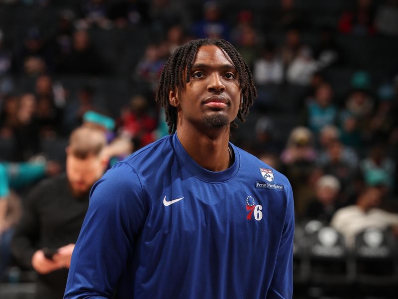 CHARLOTTE, NC - JANUARY 20:  Tyrese Maxey #0 of the Philadelphia 76ers warms up before the game against the Charlotte Hornets on January 20, 2024 at Spectrum Center in Charlotte, North Carolina. NOTE TO USER: User expressly acknowledges and agrees that, by downloading and or using this photograph, User is consenting to the terms and conditions of the Getty Images License Agreement. Mandatory Copyright Notice: Copyright 2024 NBAE (Photo by Kent Smith/NBAE via Getty Images)