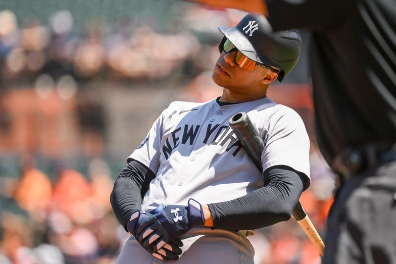 May 2, 2024; Baltimore, Maryland, USA;  New York Yankees right fielder Juan Soto (22) reacts to a called strike during the first inning against the Baltimore Orioles at Oriole Park at Camden Yards. Mandatory Credit: James A. Pittman-USA TODAY Sports