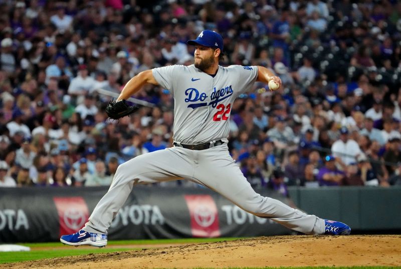 Jul 30, 2022; Denver, Colorado, USA; Los Angeles Dodgers starting pitcher Clayton Kershaw (22) delivers against the Colorado Rockies in the fifth inning at Coors Field. Mandatory Credit: Ron Chenoy-USA TODAY Sports