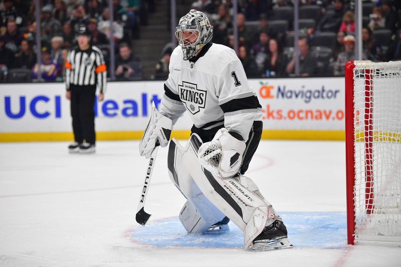 Nov 29, 2024; Anaheim, California, USA; Los Angeles Kings goaltender Erik Portillo (1) defends the goal against the Anaheim Ducks during the second period at Honda Center. Mandatory Credit: Gary A. Vasquez-Imagn Images