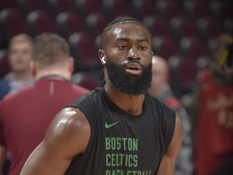 CLEVELAND, OH - MARCH 5: Jaylen Brown #7 of the Boston Celtics warms up before the game against the Cleveland Cavaliers on March 5, 2024 at Rocket Mortgage FieldHouse in Cleveland, Ohio. NOTE TO USER: User expressly acknowledges and agrees that, by downloading and/or using this Photograph, user is consenting to the terms and conditions of the Getty Images License Agreement. Mandatory Copyright Notice: Copyright 2024 NBAE (Photo by David Liam Kyle/NBAE via Getty Images)