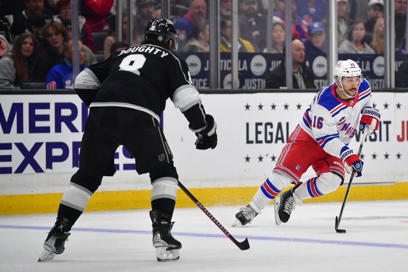Jan 20, 2024; Los Angeles, California, USA; New York Rangers center Vincent Trocheck (16) moves the puck against Los Angeles Kings defenseman Drew Doughty (8) durng the first period at Crypto.com Arena. Mandatory Credit: Gary A. Vasquez-USA TODAY Sports