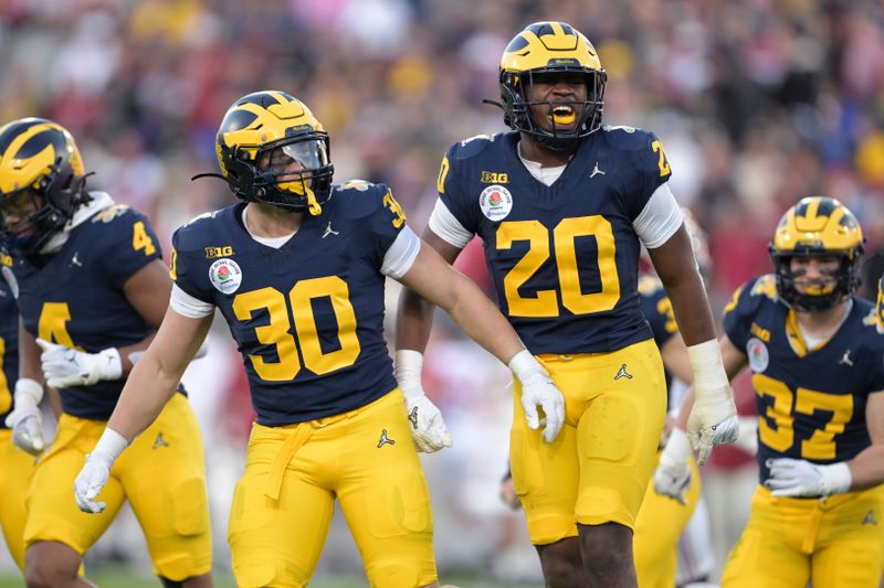 Jan 1, 2024; Pasadena, CA, USA; Michigan Wolverines players celebrate after a kickoff return against the Alabama Crimson Tide during the second half in the 2024 Rose Bowl college football playoff semifinal game at Rose Bowl. Mandatory Credit: Jayne Kamin-Oncea-USA TODAY Sports