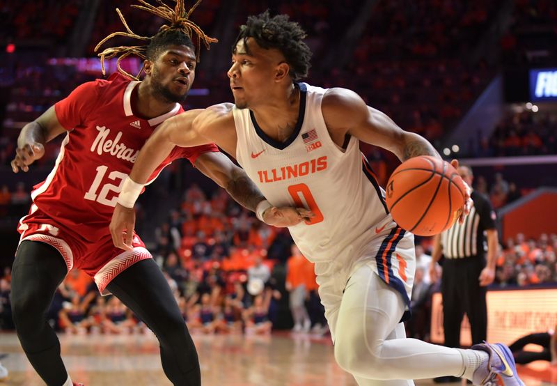 Jan 31, 2023; Champaign, Illinois, USA; Illinois Fighting Illini guard Terrence Shannon Jr. (0) dribbles the ball against Nebraska Cornhuskers guard Denim Dawson (12) during the first half at State Farm Center. Mandatory Credit: Ron Johnson-USA TODAY Sports