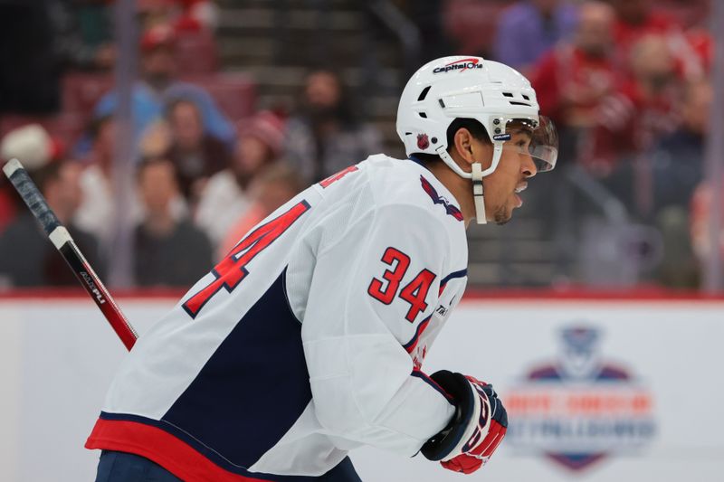 Nov 13, 2025; Sunrise, Florida, USA; Washington Capitals right wing Justin Sourdif (34) celebrates after scoring against the Florida Panthers during the third period at Amerant Bank Arena. Mandatory Credit: Sam Navarro-Imagn Images