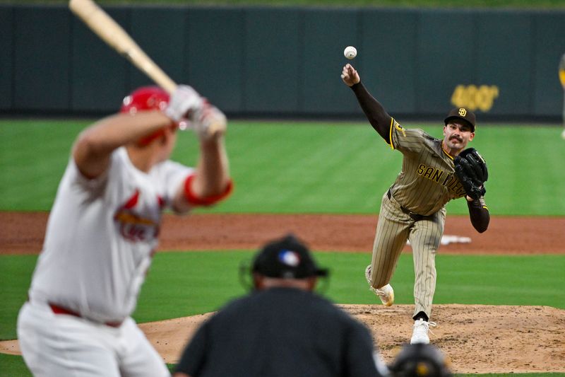 Aug 27, 2024; St. Louis, Missouri, USA;  San Diego Padres starting pitcher Dylan Cease (84) pitches against St. Louis Cardinals designated hitter Luken Baker (26) during the second inning at Busch Stadium. Mandatory Credit: Jeff Curry-USA TODAY Sports