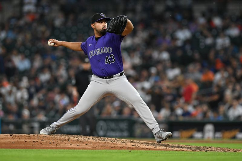 Sep 10, 2024; Detroit, Michigan, USA; Colorado Rockies pitcher Anthony Molina (43) throws a pitch against the Detroit Tigers in the fifth inning at Comerica Park. Mandatory Credit: Lon Horwedel-Imagn Images