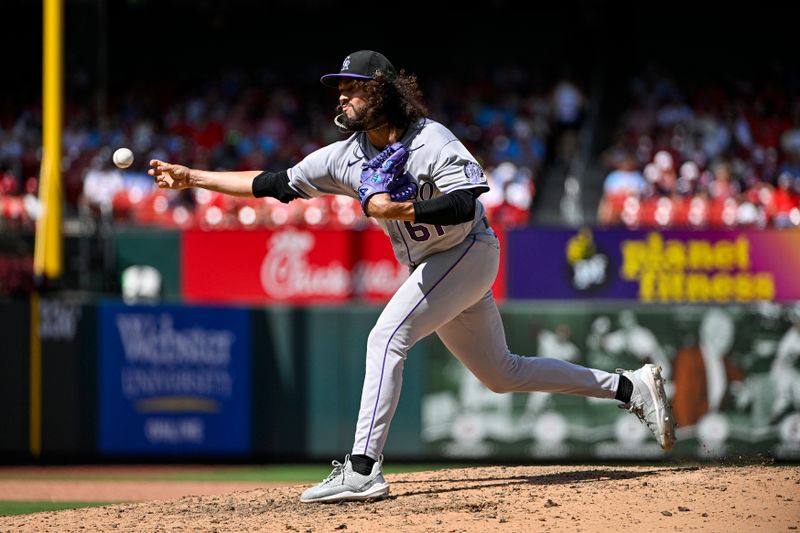 Aug 6, 2023; St. Louis, Missouri, USA;  Colorado Rockies relief pitcher Justin Lawrence (61) pitches against the St. Louis Cardinals during the eighth inning at Busch Stadium. Mandatory Credit: Jeff Curry-USA TODAY Sports