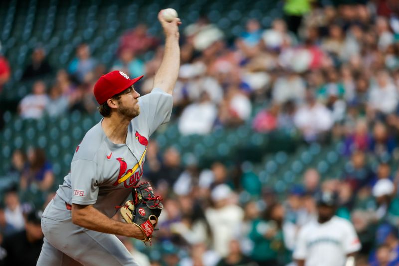 Sep 9, 2025; Seattle, Washington, USA; St. Louis Cardinals starting pitcher Matthew Liberatore (52) throws against the Seattle Mariners during the first inning at T-Mobile Park. Mandatory Credit: Joe Nicholson-Imagn Images