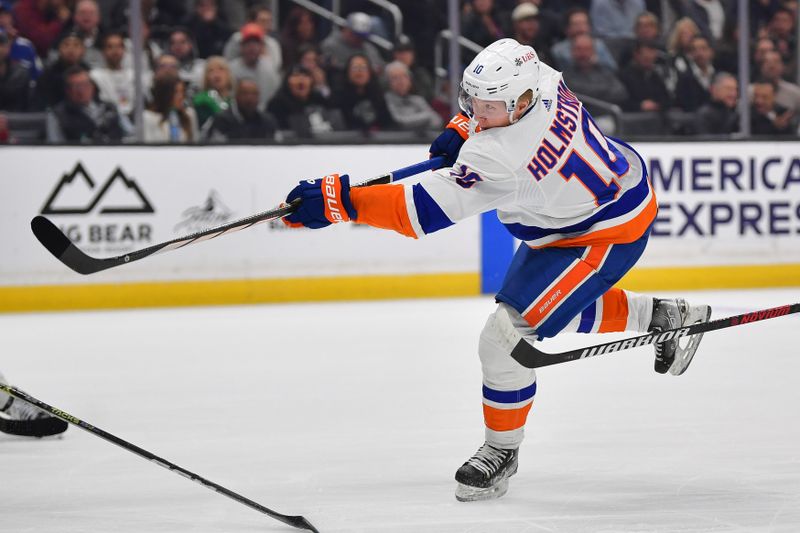 Mar 11, 2024; Los Angeles, California, USA;New York Islanders right wing Simon Holmstrom (10) shoots on goal against the Los Angeles Kings  during the first period at Crypto.com Arena. Mandatory Credit: Gary A. Vasquez-USA TODAY Sports