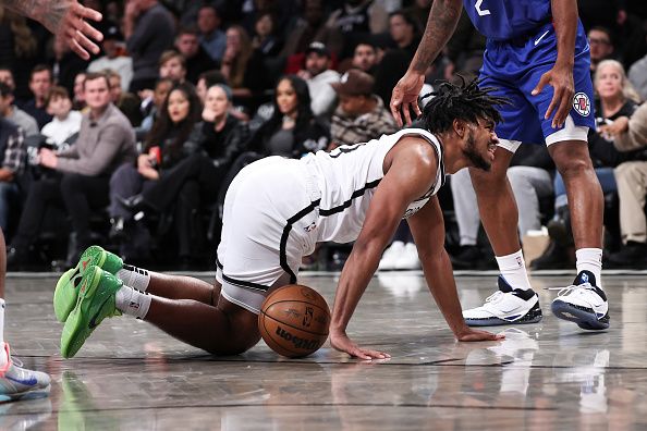 NEW YORK, NEW YORK - NOVEMBER 08: Cam Thomas #24 of the Brooklyn Nets on the ground after getting injured during the third quarter of the game against the Los Angeles Clippers at Barclays Center on November 08, 2023 in the Brooklyn borough of New York City. NOTE TO USER: User expressly acknowledges and agrees that, by downloading and or using this photograph, User is consenting to the terms and conditions of the Getty Images License Agreement. (Photo by Dustin Satloff/Getty Images)