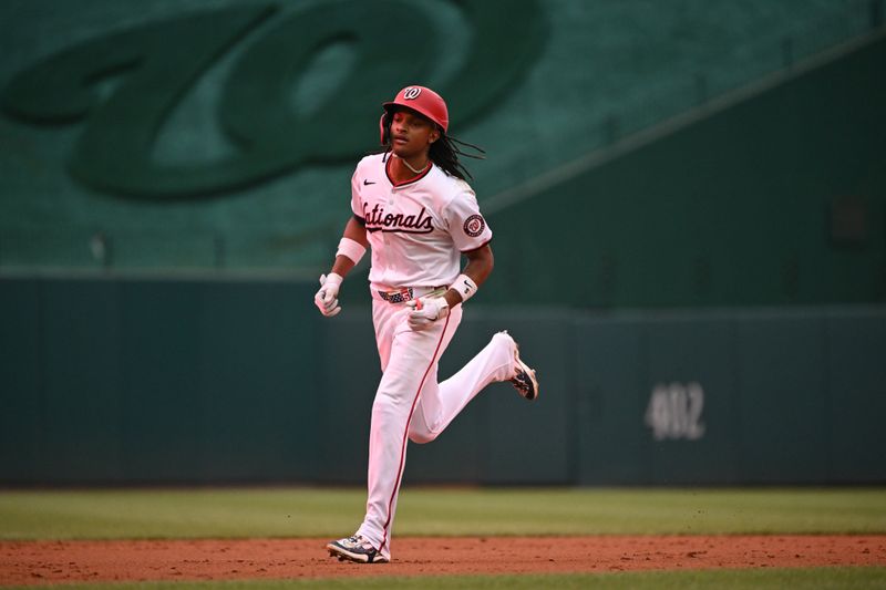 Aug 6, 2024; Washington, District of Columbia, USA; Washington Nationals shortstop CJ Abrams (5) jogs around the bases after hitting a three run home run against the San Francisco Giants during the second inning at Nationals Park. Mandatory Credit: Rafael Suanes-USA TODAY Sports