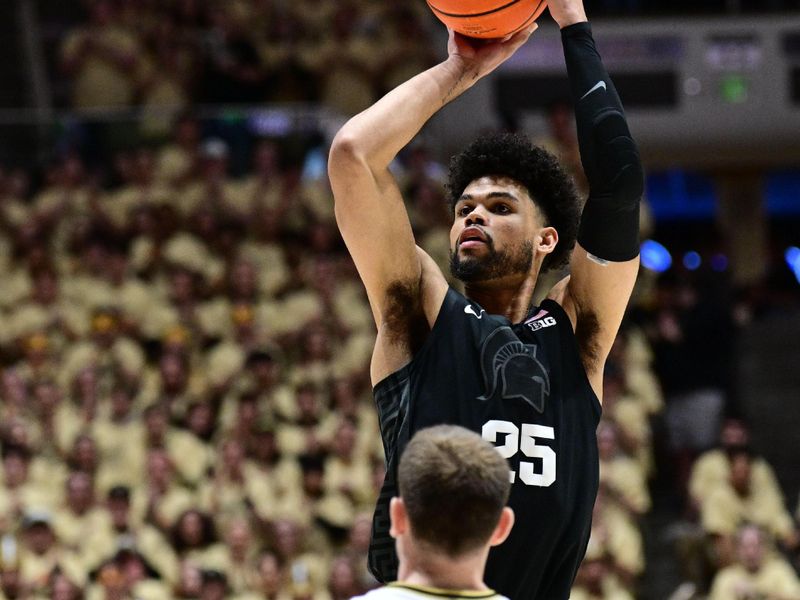 Mar 2, 2024; West Lafayette, Indiana, USA; Michigan State Spartans forward Malik Hall (25) shoots the ball over Purdue Boilermakers guard Braden Smith (3) during the first half at Mackey Arena. Mandatory Credit: Marc Lebryk-USA TODAY Sports