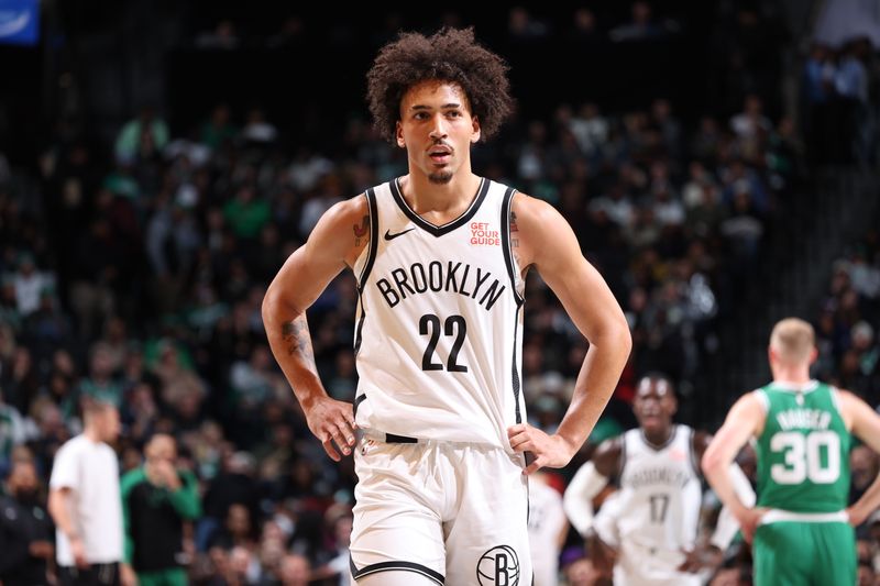 BROOKLYN, NY - NOVEMBER 13: Jalen Wilson #22 of the Brooklyn Nets looks on during the game against the Boston Celtics on November 13, 2024 at Barclays Center in Brooklyn, New York. NOTE TO USER: User expressly acknowledges and agrees that, by downloading and or using this Photograph, user is consenting to the terms and conditions of the Getty Images License Agreement. Mandatory Copyright Notice: Copyright 2024 NBAE (Photo by Jeff Haynes/NBAE via Getty Images)