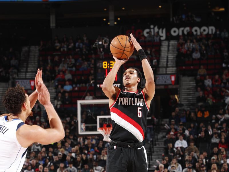 PORTLAND, OR - DECEMBER 1: Dalano Banton #5 of the Portland Trail Blazers shoots the ball during the game against the Dallas Mavericks on December 1, 2024 at the Moda Center Arena in Portland, Oregon. NOTE TO USER: User expressly acknowledges and agrees that, by downloading and or using this photograph, user is consenting to the terms and conditions of the Getty Images License Agreement. Mandatory Copyright Notice: Copyright 2024 NBAE (Photo by Cameron Browne/NBAE via Getty Images)