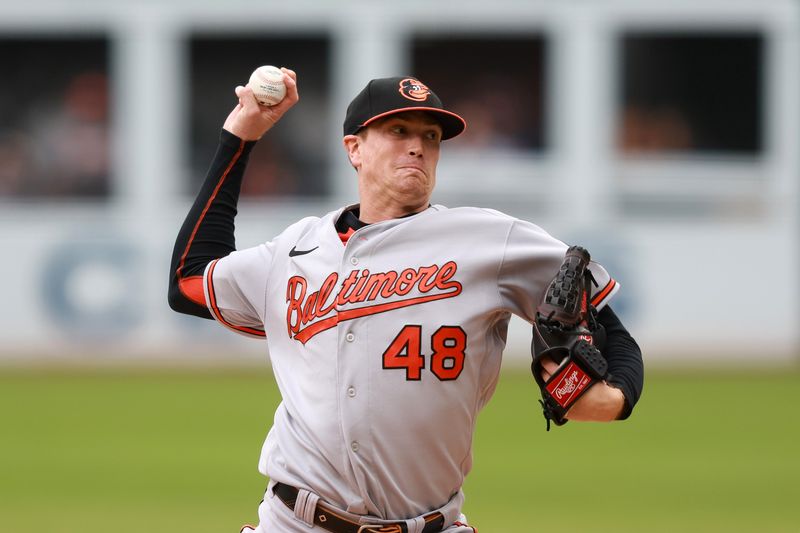 Sep 24, 2023; Cleveland, Ohio, USA; Baltimore Orioles starting pitcher Kyle Gibson (48) pitches against the Cleveland Guardians during the first inning at Progressive Field. Mandatory Credit: Aaron Josefczyk-USA TODAY Sports