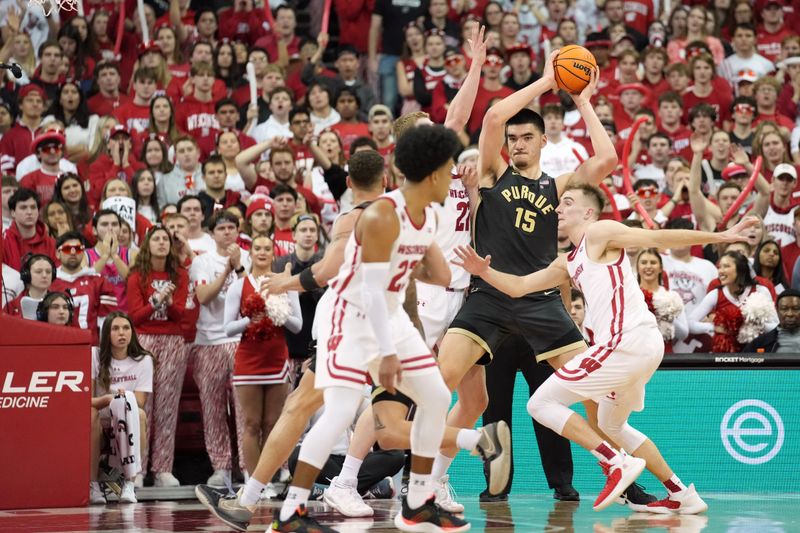 Mar 2, 2023; Madison, Wisconsin, USA;  Purdue Boilermakers center Zach Edey (15) looks to pass under pressure by the Wisconsin Badgers defense during the second half at the Kohl Center. Mandatory Credit: Kayla Wolf-USA TODAY Sports