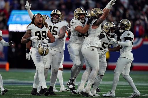 The New Orlean Saints celebrate after blocking a field goal from the New York Giants during an NFL football game, Sunday, Nov. 17, 2024 in East Rutherford, N.J. The Saints defeated the Giants 14-11. (AP Photo/Vera Nieuwenhuis)