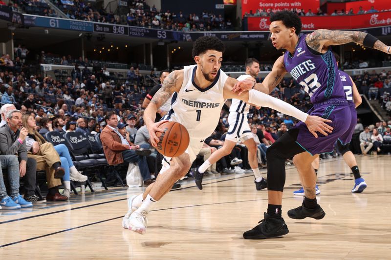 MEMPHIS, TN - MARCH 13: Scotty Pippen Jr. #1 of the Memphis Grizzlies drives to the basket during the game against the Charlotte Hornets on March 13, 2024 at FedExForum in Memphis, Tennessee. NOTE TO USER: User expressly acknowledges and agrees that, by downloading and or using this photograph, User is consenting to the terms and conditions of the Getty Images License Agreement. Mandatory Copyright Notice: Copyright 2024 NBAE (Photo by Joe Murphy/NBAE via Getty Images)