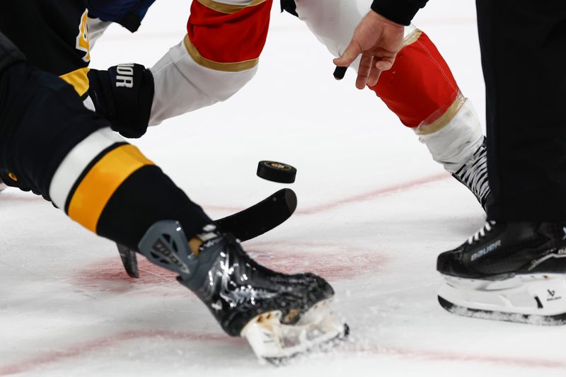Oct 21, 2025; Boston, Massachusetts, USA; The linesman drops the puck for a faceoff during the second period of the game between the Boston Bruins and the Florida Panthersat TD Garden. Mandatory Credit: Winslow Townson-Imagn Images