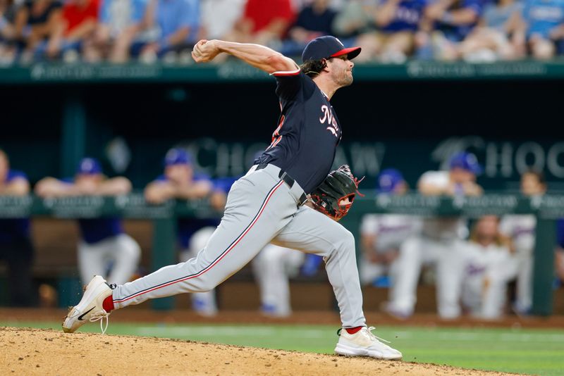 May 1, 2024; Arlington, Texas, USA; Washington Nationals pitcher Kyle Finnegan (67) closes out the game against the Texas Rangers at Globe Life Field. Mandatory Credit: Andrew Dieb-USA TODAY Sports