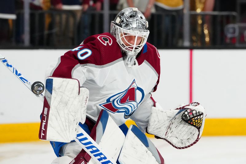 Apr 14, 2024; Las Vegas, Nevada, USA; Colorado Avalanche goaltender Alexandar Georgiev (40) warms up before the start of a game against the Vegas Golden Knights at T-Mobile Arena. Mandatory Credit: Stephen R. Sylvanie-USA TODAY Sports