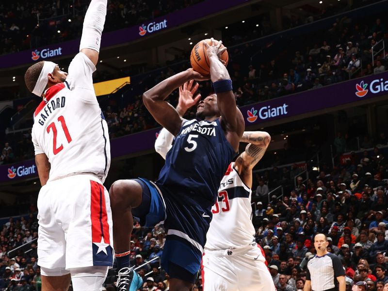 WASHINGTON, DC -?January  24: Anthony Edwards #5 of the Minnesota Timberwolves shoots the ball during the game against the Washington Wizards on January 24, 2024 at Capital One Arena in Washington, DC. NOTE TO USER: User expressly acknowledges and agrees that, by downloading and or using this Photograph, user is consenting to the terms and conditions of the Getty Images License Agreement. Mandatory Copyright Notice: Copyright 2024 NBAE (Photo by Kenny Giarla/NBAE via Getty Images)