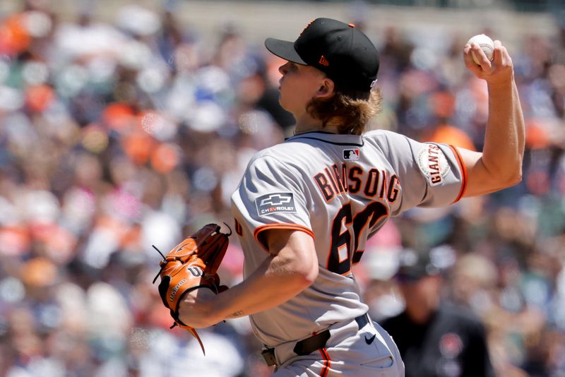 May 26, 2025; Detroit, Michigan, USA;  San Francisco Giants pitcher Hayden Birdsong (60) pitches in the first inning against the Detroit Tigers at Comerica Park. Mandatory Credit: Rick Osentoski-Imagn Images