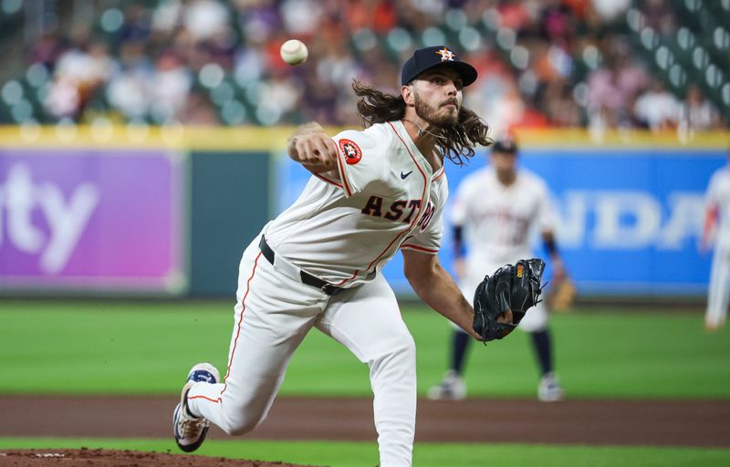 May 2, 2024; Houston, Texas, USA; Houston Astros starting pitcher Spencer Arrighetti (41) delivers a pitch during the first inning against the Cleveland Guardians at Minute Maid Park. Mandatory Credit: Troy Taormina-USA TODAY Sports