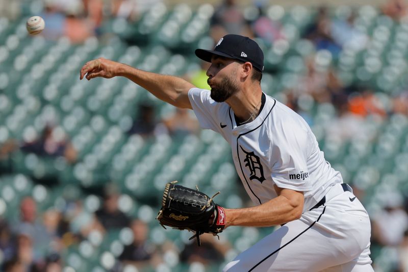 Sep 12, 2024; Detroit, Michigan, USA;  Detroit Tigers pitcher Brenan Hanifee (75) pitches in the seventh inning against the Colorado Rockies at Comerica Park. Mandatory Credit: Rick Osentoski-Imagn Images