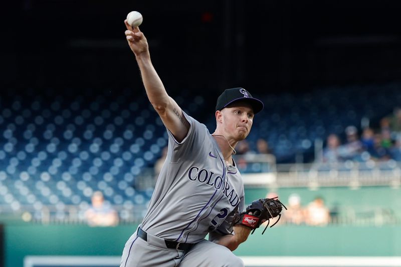 Aug 21, 2024; Washington, District of Columbia, USA; Colorado Rockies starting pitcher Tanner Gordon (29) pitches against the Washington Nationals during the first inning at Nationals Park. Mandatory Credit: Geoff Burke-USA TODAY Sports