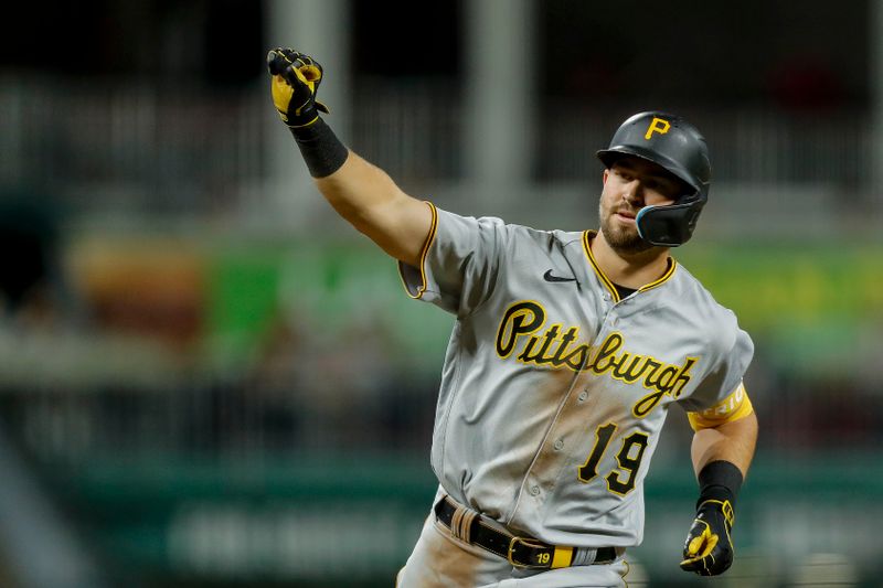 Sep 22, 2023; Cincinnati, Ohio, USA; Pittsburgh Pirates second baseman Jared Triolo (19) reacts after hitting a solo home run in the sixth inning against the Cincinnati Reds at Great American Ball Park. Mandatory Credit: Katie Stratman-USA TODAY Sports