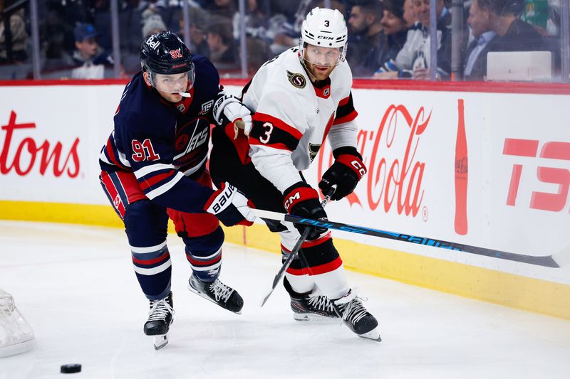 Dec 15, 2025; Winnipeg, Manitoba, CAN;  Winnipeg Jets forward Cole Perfetti (91) and Ottawa Senators defenseman Nick Jensen (3) skate after the puck during the second period at Canada Life Centre. Mandatory Credit: Terrence Lee-Imagn Images