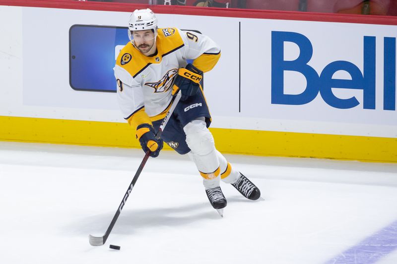 Jan 29, 2024; Ottawa, Ontario, CAN; Nashville Predators left wing Filip Forsberg (9) skates with the puck in the third period against the Ottawa Senators at the Canadian Tire Centre. Mandatory Credit: Marc DesRosiers-USA TODAY Sports