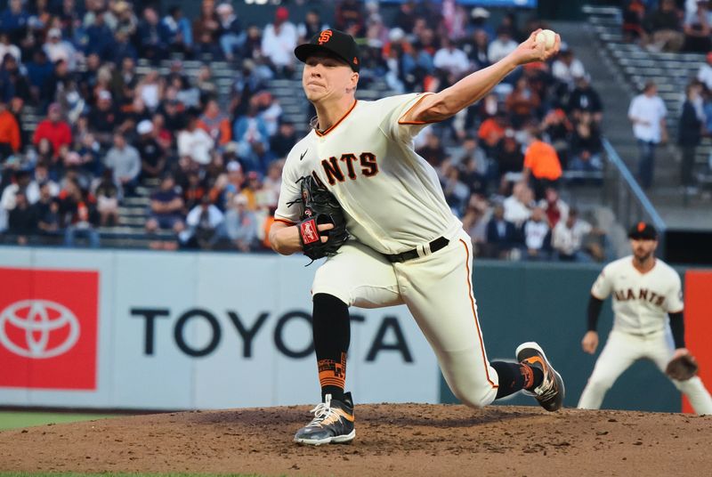 Aug 28, 2023; San Francisco, California, USA; San Francisco Giants starting pitcher Kyle Harrison (45) pitches the ball against the Cincinnati Reds during the third inning at Oracle Park. Mandatory Credit: Kelley L Cox-USA TODAY Sports