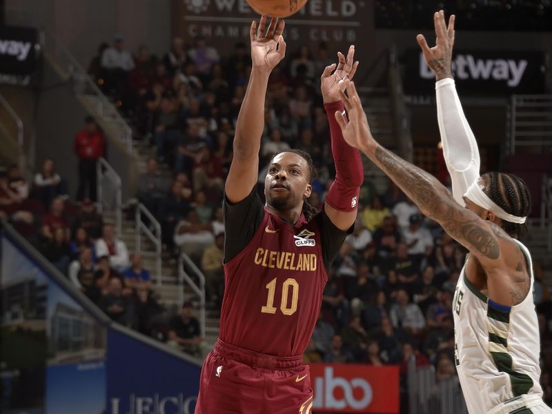 CLEVELAND, OH - NOVEMBER 4: Darius Garland #10 of the Cleveland Cavaliers shoots the ball during the game against the Milwaukee Bucks on November 4, 2024 at Rocket Mortgage FieldHouse in Cleveland, Ohio. NOTE TO USER: User expressly acknowledges and agrees that, by downloading and/or using this Photograph, user is consenting to the terms and conditions of the Getty Images License Agreement. Mandatory Copyright Notice: Copyright 2024 NBAE (Photo by David Liam Kyle/NBAE via Getty Images)