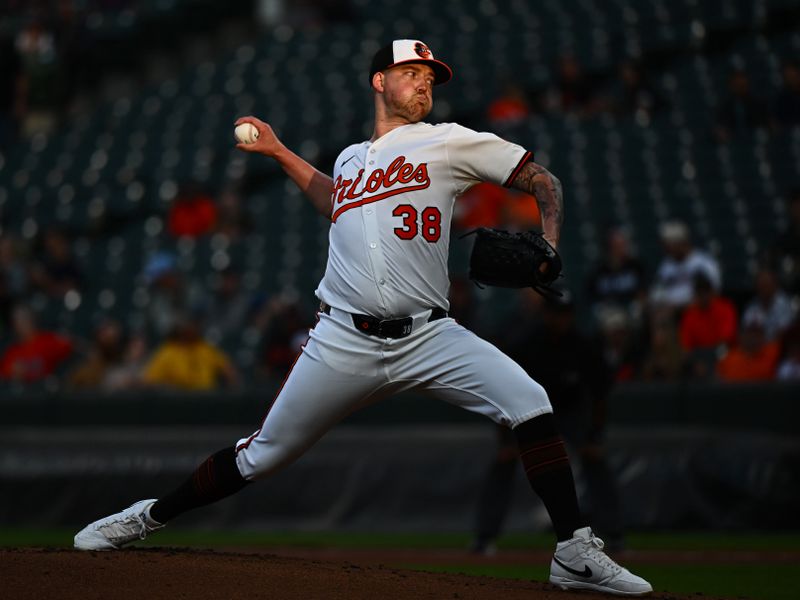 Sep 9, 2025; Baltimore, Maryland, USA;  Baltimore Orioles pitcher Kyle Bradish (38) delivers a pitch during the first inning against the Pittsburgh Pirates at Oriole Park at Camden Yards. Mandatory Credit: James A. Pittman-Imagn Images