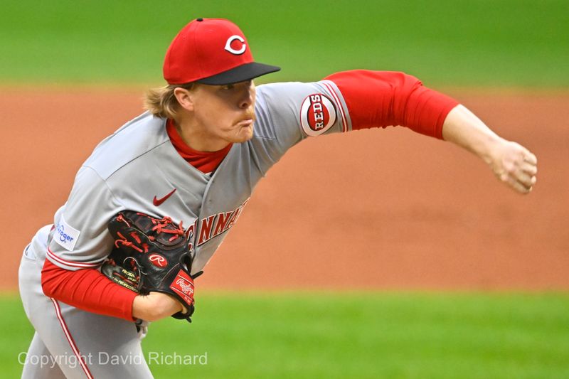 Sep 27, 2023; Cleveland, Ohio, USA; Cincinnati Reds starting pitcher Andrew Abbott (41) follows through on a pitch in the first inning against the Cleveland Guardians at Progressive Field. Mandatory Credit: David Richard-USA TODAY Sports