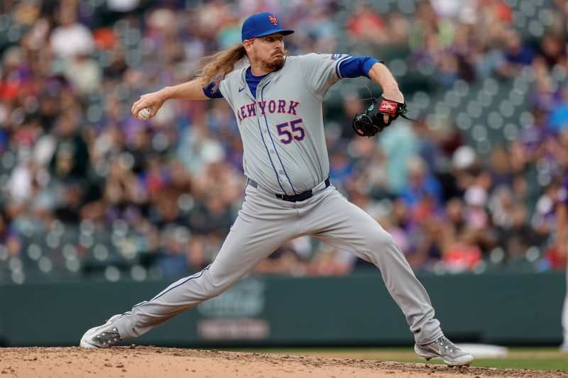 Aug 8, 2024; Denver, Colorado, USA; New York Mets relief pitcher Ryne Stanek (55) pitches in the seventh inning against the Colorado Rockies at Coors Field. Mandatory Credit: Isaiah J. Downing-USA TODAY Sports
