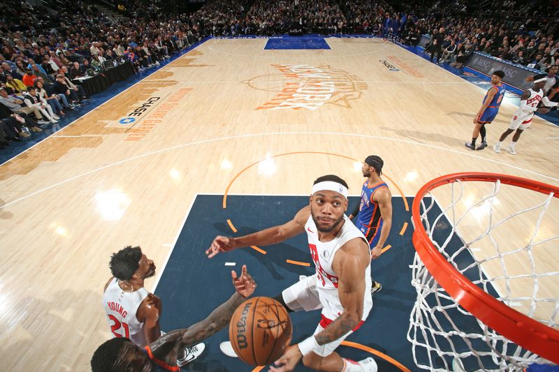 NEW YORK, NY - JANUARY 20: Bruce Brown #11 of the Toronto Raptors drives to the basket during the game against the New York Knicks on January 20, 2024 at Madison Square Garden in New York City, New York.  NOTE TO USER: User expressly acknowledges and agrees that, by downloading and or using this photograph, User is consenting to the terms and conditions of the Getty Images License Agreement. Mandatory Copyright Notice: Copyright 2024 NBAE  (Photo by Nathaniel S. Butler/NBAE via Getty Images)