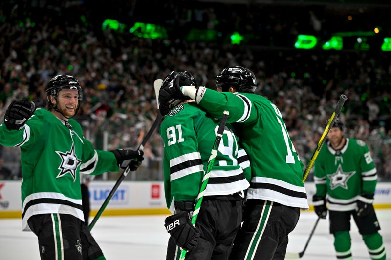 May 9, 2024; Dallas, Texas, USA; Dallas Stars center Tyler Seguin (91) and defenseman Thomas Harley (55) and left wing Jamie Benn (14) and center Joe Pavelski (16) celebrates after Seguin scores a shorthanded goal against the Colorado Avalanche during the second period in game two of the second round of the 2024 Stanley Cup Playoffs at American Airlines Center. Mandatory Credit: Jerome Miron-USA TODAY Sports