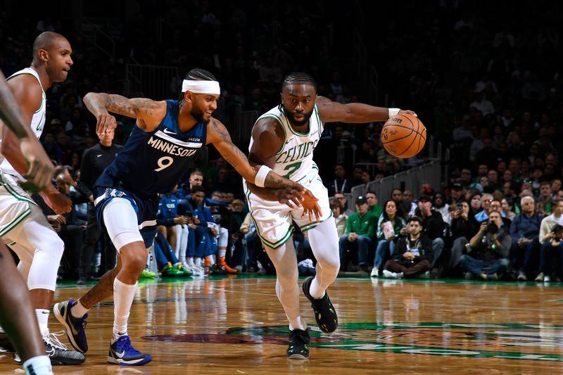 BOSTON, MA - NOVEMBER 24: Jaylen Brown #7 of the Boston Celtics handles the ball during the game against the Minnesota Timberwolves on November 24, 2024 at the TD Garden in Boston, Massachusetts. NOTE TO USER: User expressly acknowledges and agrees that, by downloading and or using this photograph, User is consenting to the terms and conditions of the Getty Images License Agreement. Mandatory Copyright Notice: Copyright 2024 NBAE(Photo by Brian Babineau/NBAE via Getty Images)